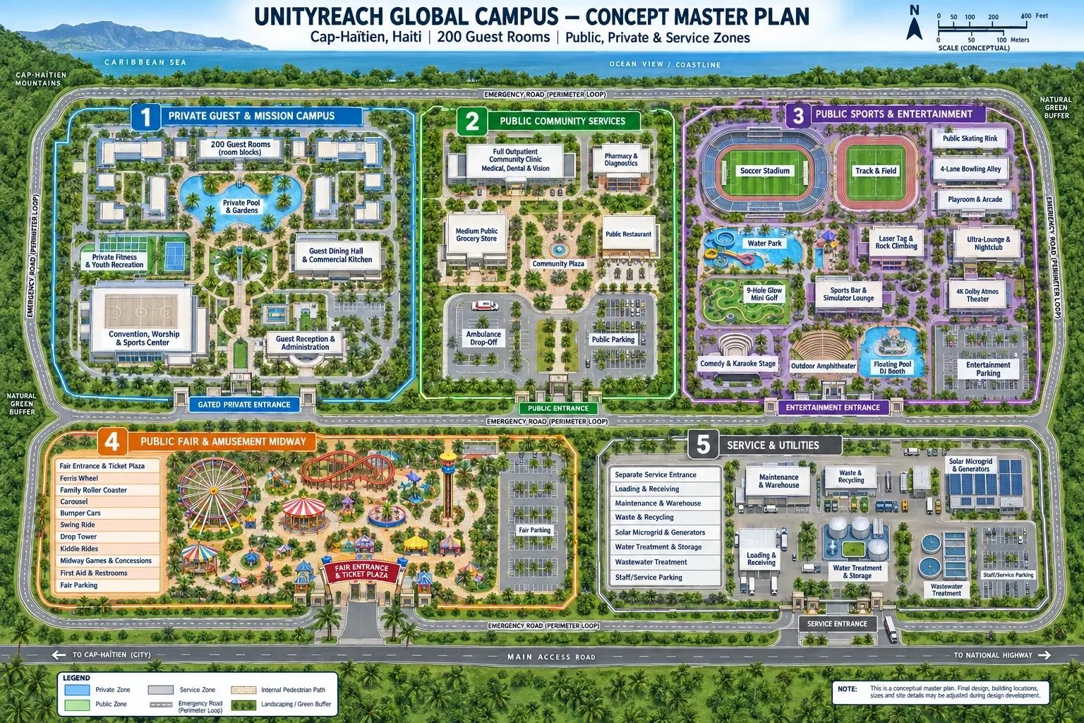 Concept master plan for the proposed UnityReach Global Campus in Cap-Haïtien, Haiti, showing separate private lodging, public community services, sports and entertainment, public fair, and service utility zones.